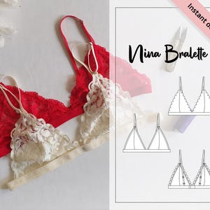 May include: A digital pattern for a bralette with a triangle shape and scalloped edges. The pattern includes three different views of the bralette. The text "Nina Bralette" is visible in the image. The text "Instant download" is also visible in the image.
