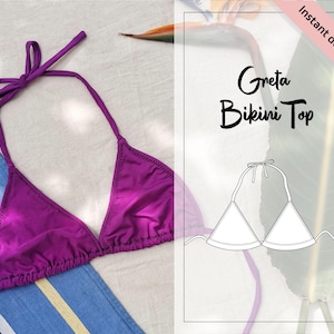 May include: A purple bikini top with adjustable straps. The top is made of a soft, stretchy fabric and has a triangle shape. The image also includes a line drawing of the bikini top.