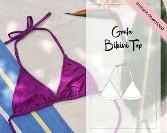 Patrón de costura en PDF para la parte superior del bikini Greta, patrón fácil para la parte superior del bikini triangular, 7 tallas