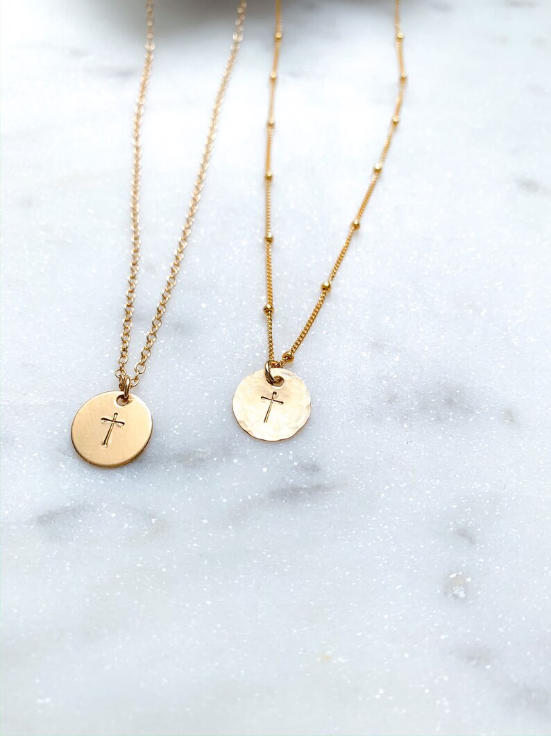 Cross Necklace Gold Circle Disc Necklace Dainty Necklace Etsy