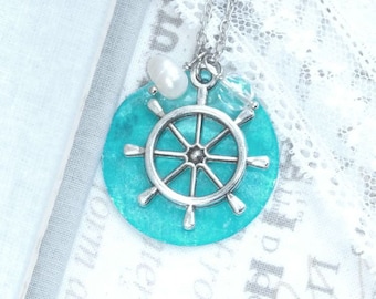 Blue Shell Necklace Ship Wheel Necklace Large Shell Necklace Blue Ocean Necklace Ship Wheel Gift