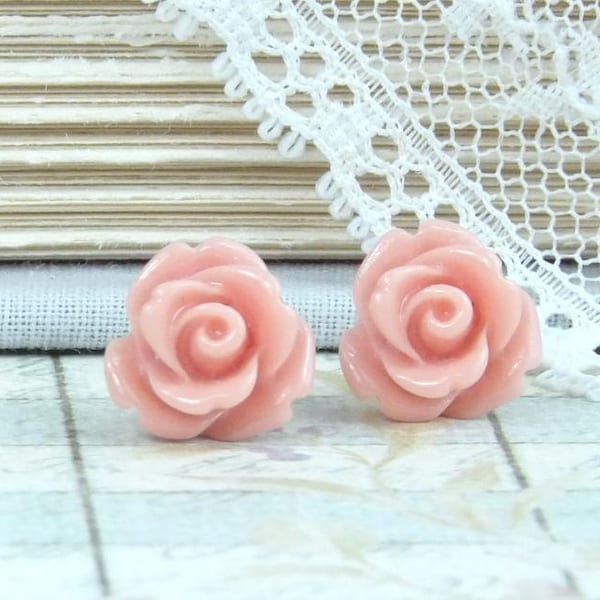 Closing Sale Salmon Pink Rose Studs Rose Stud Earrings Surgical Steel Studs