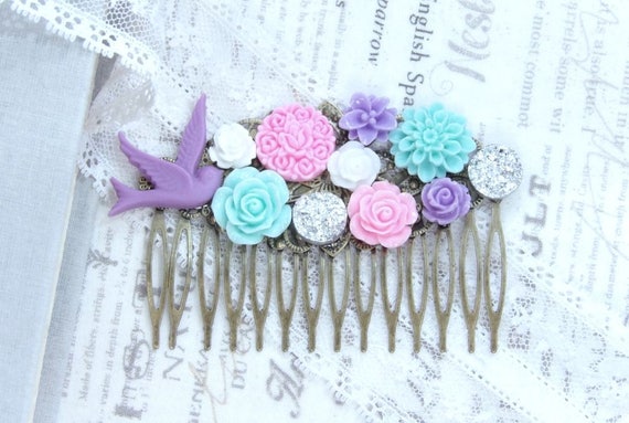 Pink Purple Blue Hair Comb Flower Hair Comb Pink And Purple Etsy