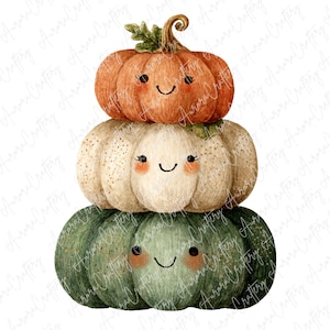 以下が含まれることがあります： 笑顔の顔が描かれた、3つのカボチャが積み重なったイラスト。一番上のカボチャはオレンジ色、真ん中は白色、一番下は緑色です。秋をテーマにしたクラフトや装飾に最適です。