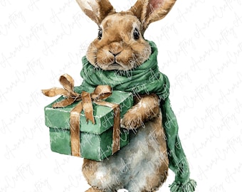 7 Watercolor Rabbit Clipart, Cute Bunny with Gifts and Green Scarf, Winter Animal Art for Crafts, and Scrapbooking, High Quality JPG