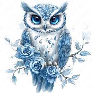 A collection of 16 whimsical watercolor owls adorned with beautiful floral crowns, ideal for use in invitations, nursery decor, and stickers. Each owl is intricately designed with delicate flowers and bright colors.