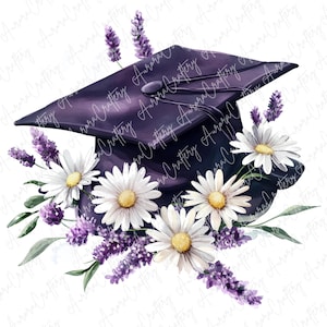 4 Clipart floral aquarelle bonnet de remise des diplômes, chapeau de diplômé violet avec lavande et marguerites, artisanat imprimable des cliparts de remise des diplômes, JPG de haute qualité