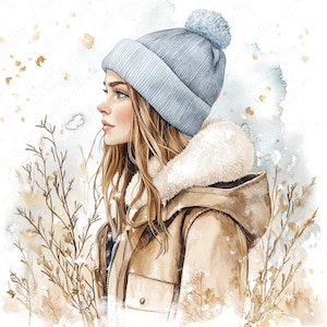 8 Watercolor Winter Girl in Blue Hat Clipart, Cozy Winter Girl Clipart for Winter Crafts, Snowy Winter Clipart, High Quality JPG Download