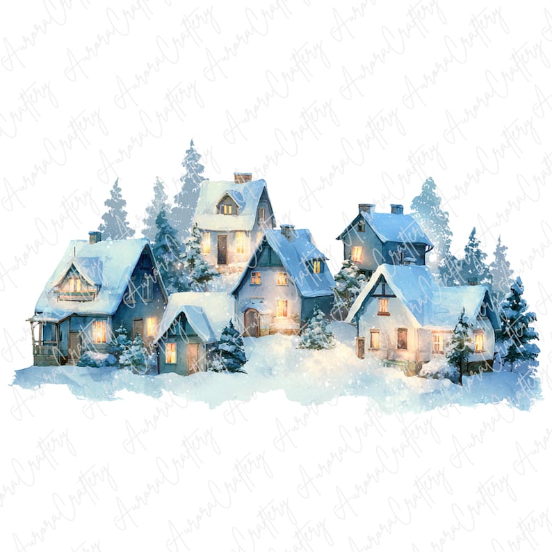 7 Watercolor Snowy Village Clipart, Cozy Winter Cottages With Lights ...