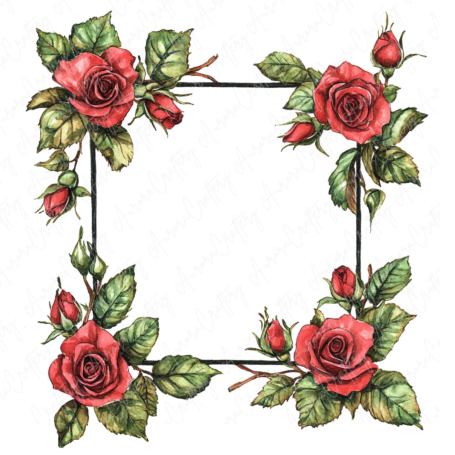 12 Watercolor Rose Frame Clipart, Valentine's Red Roses Square Frames ...
