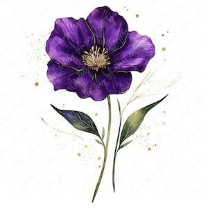 3 Głęboki Fioletowy Kwiatowy Clipart, Bogaty Fioletowy i Złoty Kwiat, Elegancki Akwarelowy Botaniczny Clipart do Papierowych Rzemiosł, Wysokiej Jakości Pobieranie JPG