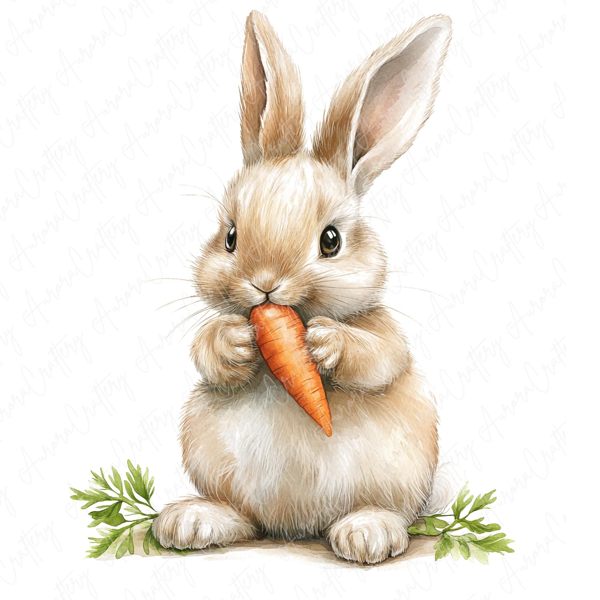 Hand Drawn Rabbit Eating 10 Watercolor Rabbit Eating Clipart, Cute Bunny Eating Carrot and ...