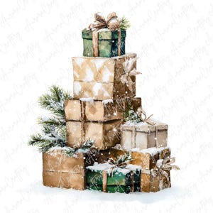 Op de afbeelding: Waterverfillustratie van een stapel ingepakte cadeaus in bruine en groene tinten, versierd met linten en kunstsneeuw. De cadeaus zijn gerangschikt in een gelaagde formatie, met takjes groenblijvende planten die een feestelijke toets toevoegen.