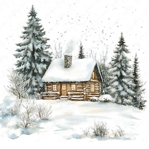 10 cliparts aquarelle de chalet d'hiver, chalets forestiers enneigés avec pins, clipart chalet d'hiver, chalet d'hiver en bois, JPG de haute qualité