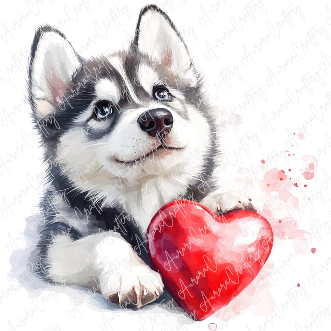 バレンタインのハスキー犬のクリップアート5点、赤いハートのかわいい