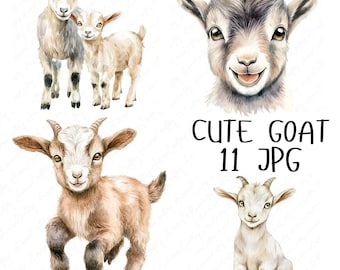 May include: A digital illustration set of 11 watercolor paintings featuring cute goats. The goats are depicted in various poses, including standing, sitting, and looking at the viewer. The illustrations are perfect for adding a touch of whimsy to any project.