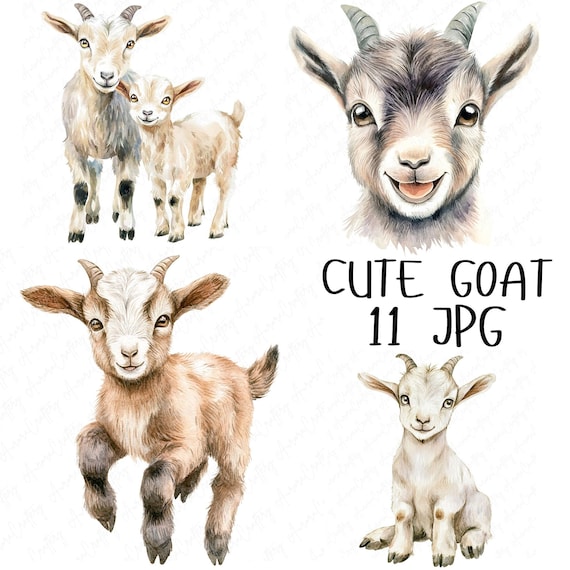 11 Watercolor Cute Goat Clipart, Adorable Baby Goat, Farm Animal Clipart, Printable Clipart for Paper Crafts, High Quality JPG Download