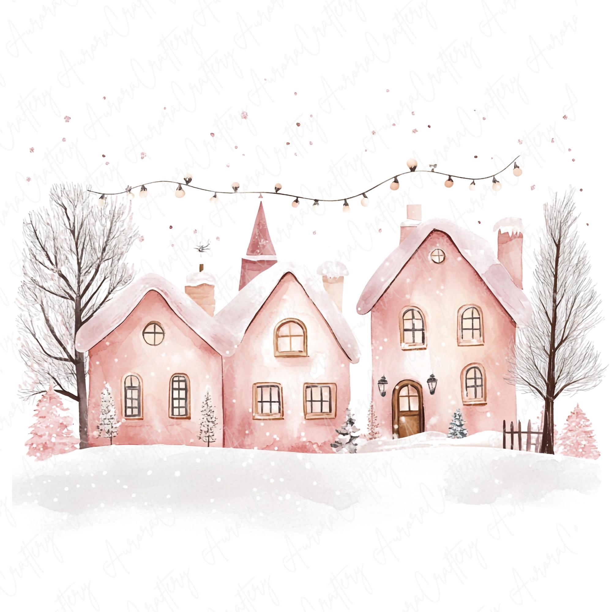 8 Watercolor Festive Village Clipart, Pink Snowy House Clipart, Winter ...