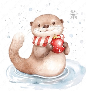 7 cliparts aquarelle loutre d'hiver, loutres festives dans la neige, clipart animal mignon, clipart hiver pour travaux manuels festifs, téléchargement JPG de haute qualité