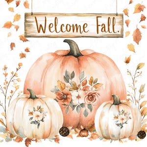 7 imágenes prediseñadas de acuarela de bienvenida al otoño, decoración de calabaza de otoño, JPG de alta calidad, descarga instantánea, imágenes prediseñadas con temática de otoño para manualidades, bienvenida al otoño