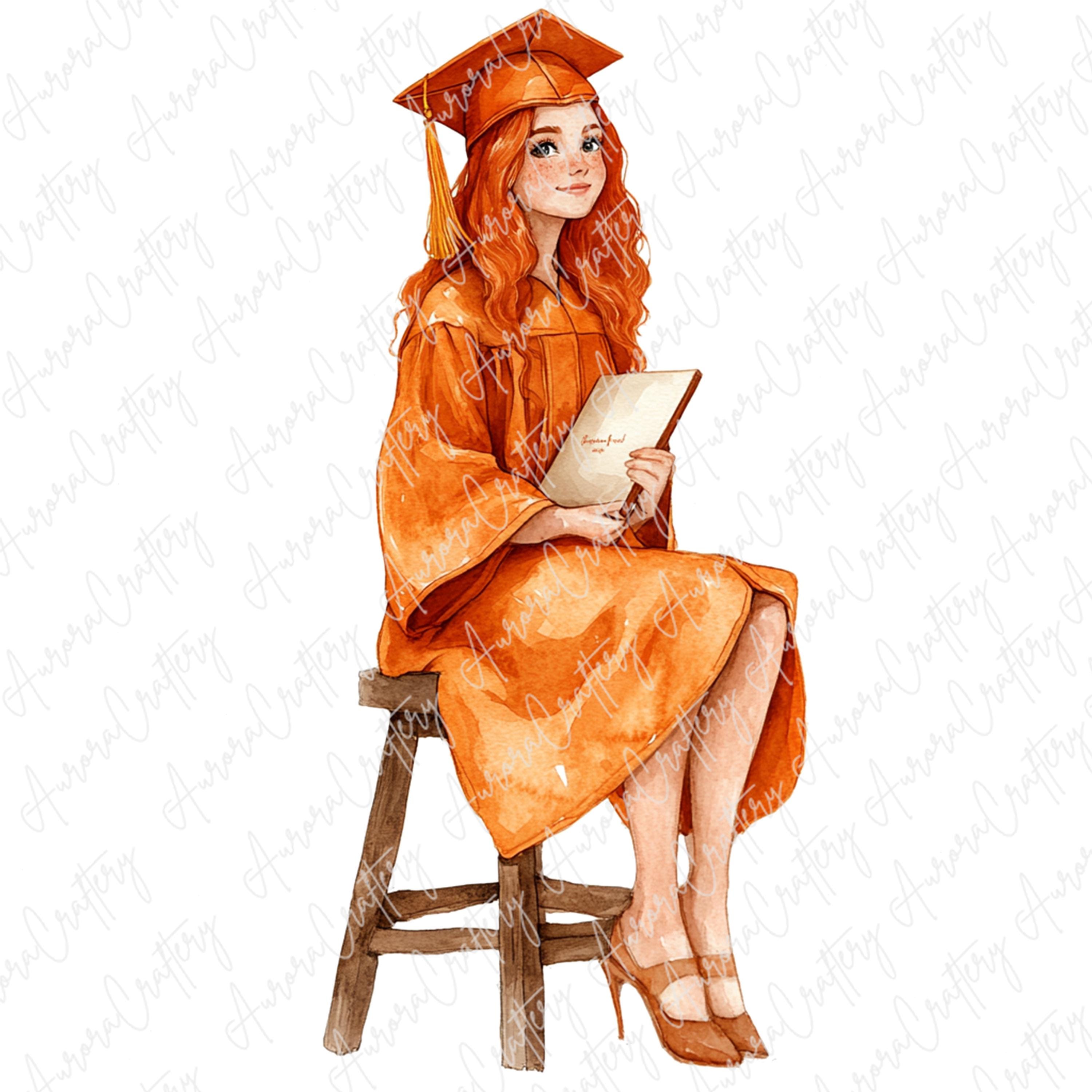 graduation dress drawing 4 Watercolor Girls in Orange Gowns, Cute Girls Reading Clipart, Graduation Clipart for Cards & Paper Crafts, High Quality JPG Tag: low PV high CV