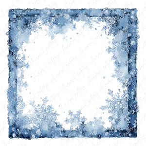 Peut inclure: Un motif carré à l'aquarelle avec une bordure bleue et des accents de flocons de neige. Le cadre a un aspect texturé et vieilli, avec un centre blanc. Le design évoque un thème hivernal ou de vacances.