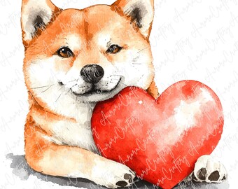 水彩画風の柴犬バレンタイン用クリップアート4点、ハートの可愛い犬