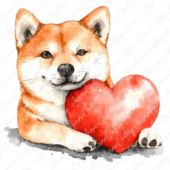 水彩画風の柴犬バレンタイン用クリップアート4点、ハートの可愛い犬