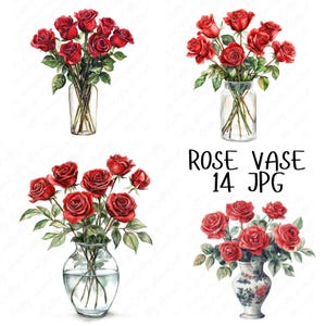 14 Watercolor Rose Vase Clipart, Romantic Floral Clipart, Valentine&#39;s Day Clipart, Love Clipart, Wedding Floral Clipart, High-Quality JPG
