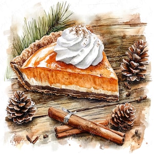Puede incluir: Ilustración en acuarela de una porción de tarta de calabaza cubierta con crema batida y espolvoreada con canela. La tarta está sobre una superficie de madera con piñas y palitos de canela. La corteza es dorada y el relleno es naranja.