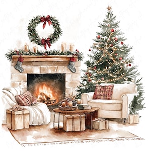 7 imágenes prediseñadas de sala de estar de invierno con acuarela, chimenea acogedora y imágenes prediseñadas festivas, imágenes prediseñadas imprimibles para manualidades festivas, descarga JPG de alta calidad