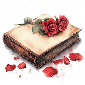 9 clipart de livro de rosas vintage em aquarela, rosas vermelhas românticas em livros, clipart de amor para artesanato de dia dos namorados, download digital de alta qualidade