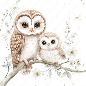 A set of 9 watercolor owl clipart images featuring cute owls perched on floral branches, ideal for nursery decor, rustic projects, and woodland-themed art designs.