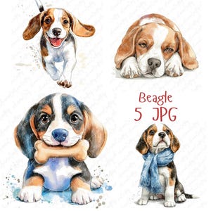 5 Watercolor Beagle Puppy Clipart, Cute Beagle Dog Poses and Expressions, Pet Clipart for Crafts and Journals, High-Quality JPG Download