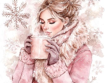 7 imágenes prediseñadas de acuarela de una dama acogedora de invierno, imágenes prediseñadas de chocolate caliente, imágenes prediseñadas festivas de invierno, imágenes prediseñadas de bebida caliente de una niña de invierno, descarga JPG de alta calidad