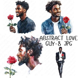 8 Watercolor Valentine&#39;s Clipart, Valentine&#39;s Rose Clipart, Boy with Roses, Clipart for Love Cards and Crafts, High-Quality JPG Download