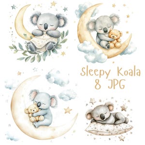 8 Clipart de chambre d'enfant somnolent | Joli bébé koala avec lunes, étoiles, ours en peluche pour baby shower et décoration de chambre d'enfant | Téléchargement JPG de haute qualité