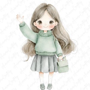7 Watercolor Girls Clipart, School Girls Clipart, Pastel Fashion Girl Clipart Set, High Quality School Girl JPG for Journals and Crafts