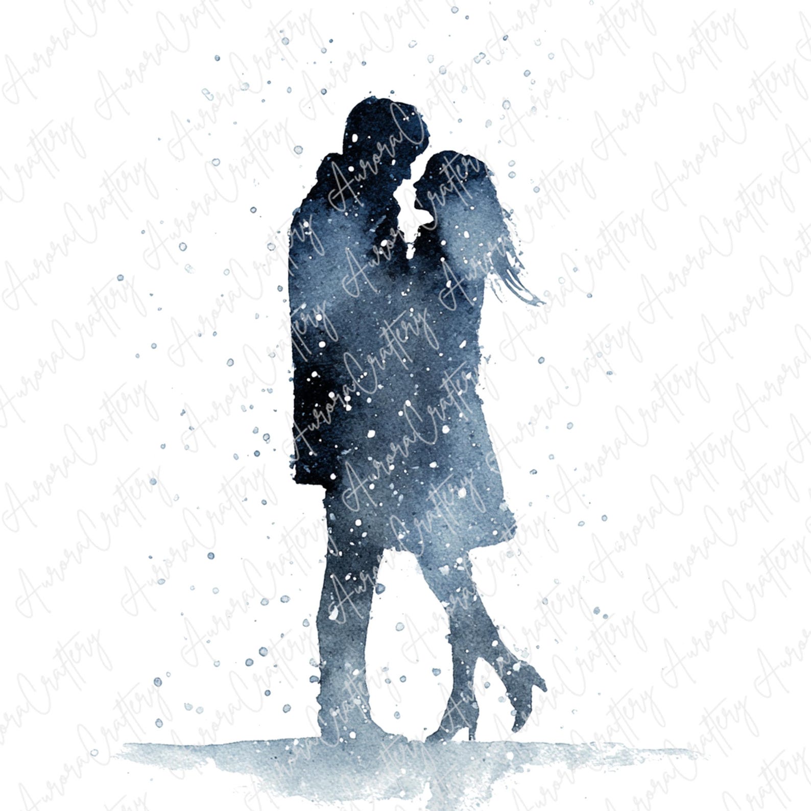 10 Watercolor Couple Silhouette Clipart, Romantic Winter Lovers in Blue ...