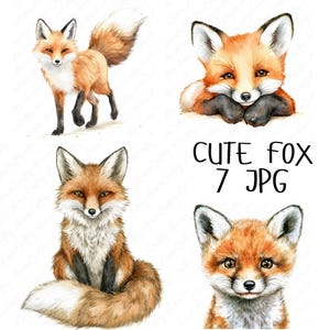 7 akwarelowych uroczych lisów Clipart, uroczy lis w przedszkolu, lisy dziecięce Clipart, do druku Clipart do rękodzieła papierowego, wysokiej jakości pobieranie JPG