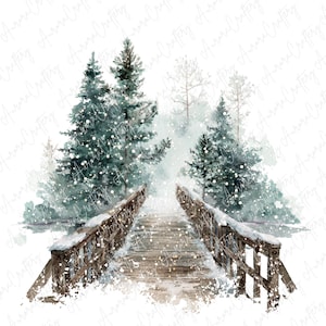 May include: Watercolor painting of a snowy winter scene. A wooden bridge leads into a forest of evergreen trees. Snowflakes fall gently, creating a serene and peaceful atmosphere. The color palette is soft, with muted greens, browns, and whites.