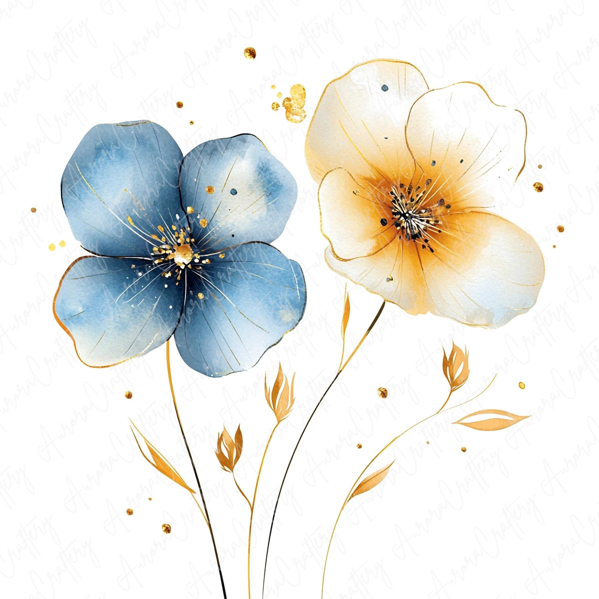 16 Abstract Blue and Yellow Watercolor Floral Clipart Bundle, Blue ...