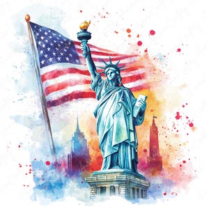 8 Clipart de Estátua da Liberdade em aquarela, Clipart de eleição americana, Marcos patrióticos da bandeira americana dos EUA, Download digital JPG de alta qualidade