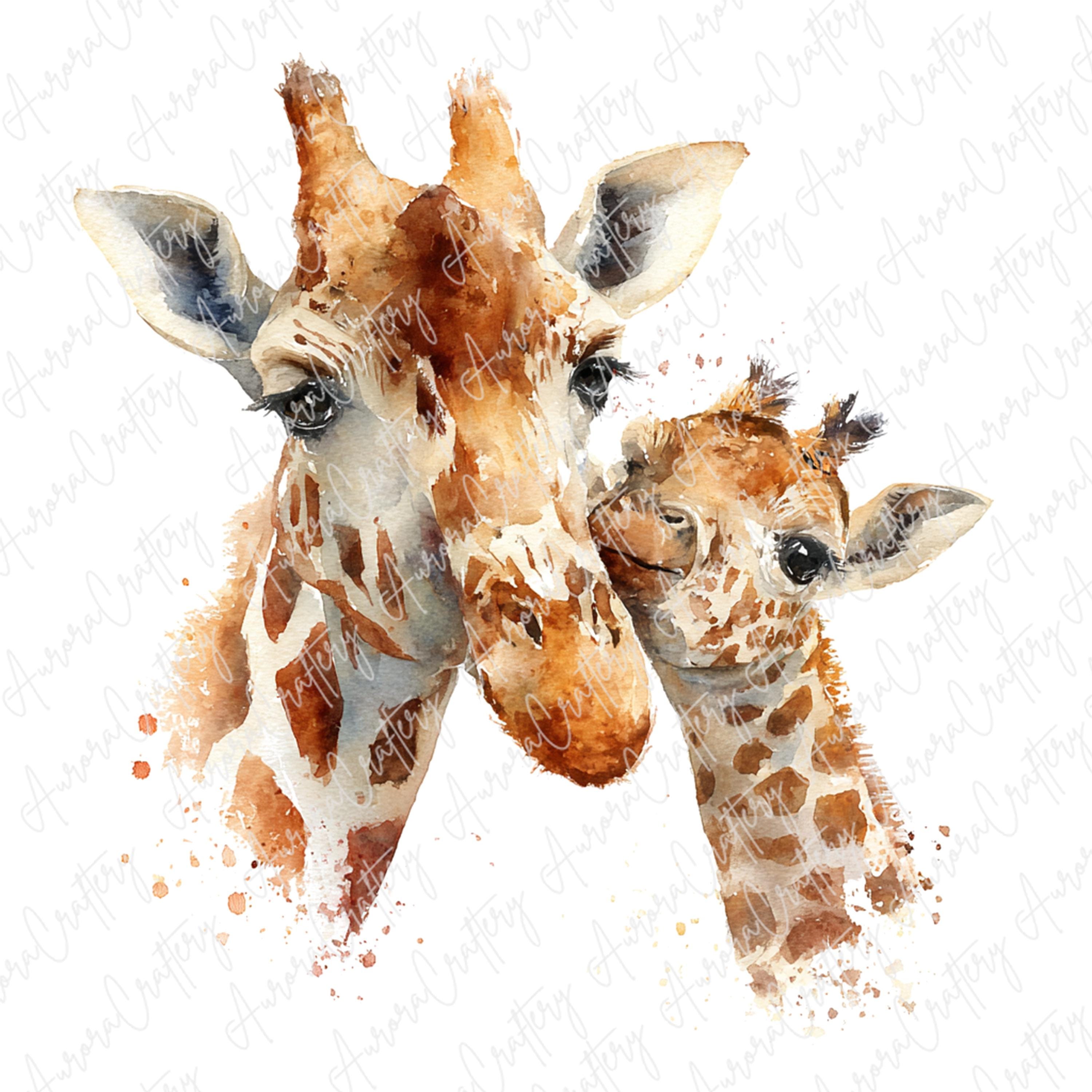 キリンの親子　水彩画　自己流　動物好き 7 枚の水彩画キリンのクリップアート、母親と赤ちゃんのキリンの