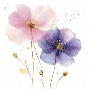 Pacote de 16 cliparts florais em aquarela roxa e rosa, flores suaves e sonhadoras, JPG de alta qualidade, download instantâneo, clipart imprimível para artesanato