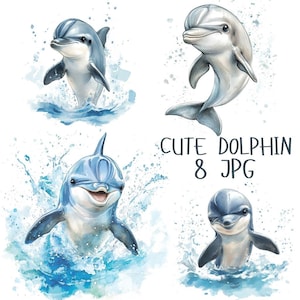 8 Aquarell Delphin Clipart, Delphin Sealife Clipart, Verspielte Delphin Clipart, Kinder Papiermodelle, Ozean Clipart, hoher Qualität JPG Download