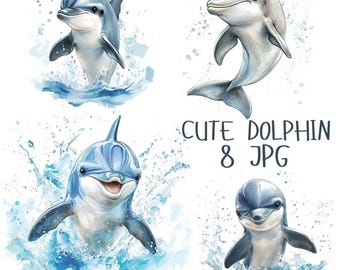 8 水彩イルカ クリップアート、イルカ シーライフ クリップアート