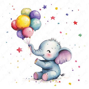 4 Clipart de aniversário de bebê elefante aquarela | Decoração de aniversário de bebê elefante fofo Balões de bebê elefante | Download digital JPG de alta qualidade