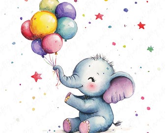 4 Watercolor Baby Elephant Birthday Clipart | Cute Baby Elephant Birthday Decor Baby Elephant Balloons | High Quality JPG Digital Download