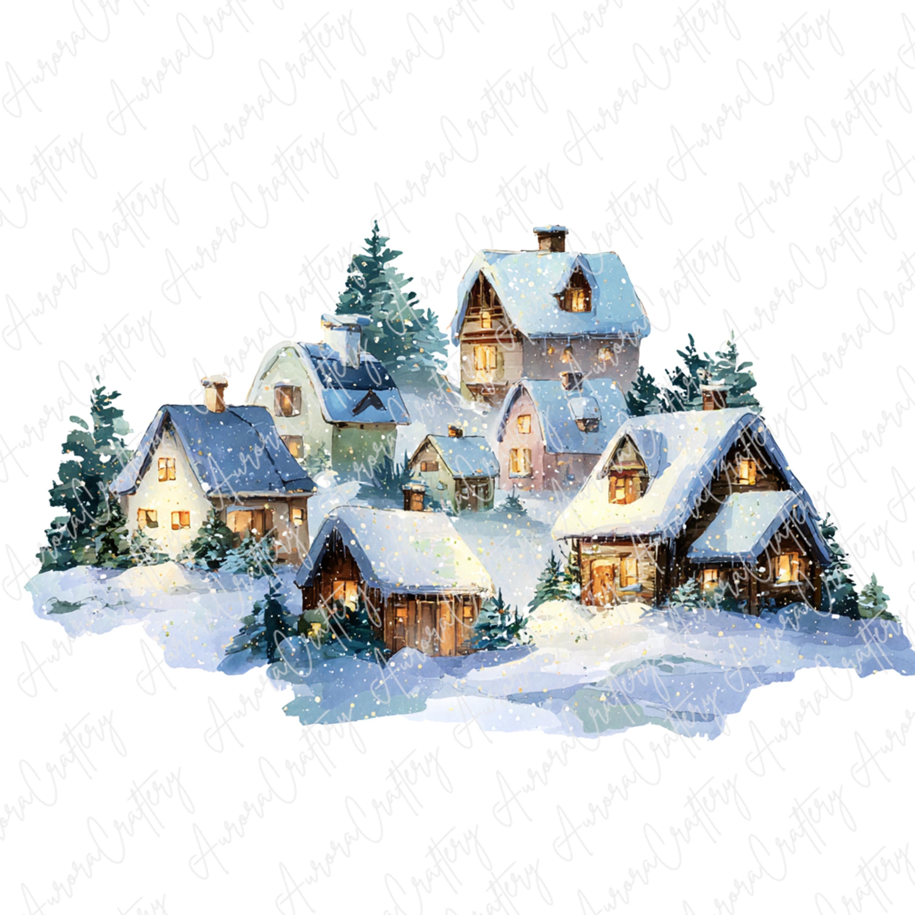 7つの水彩画風雪景色の村のクリップアート、ライトアップされた居心地